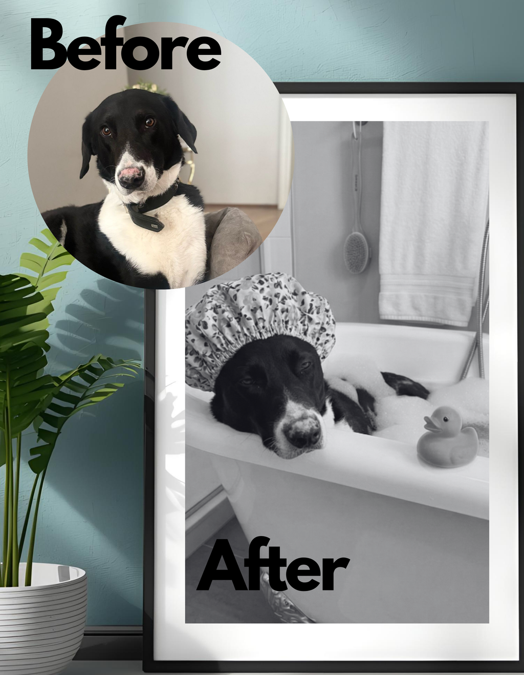 Personalisiertes Hunde-Poster, individuelles Haustier-Portrait - Badezimmer Edition